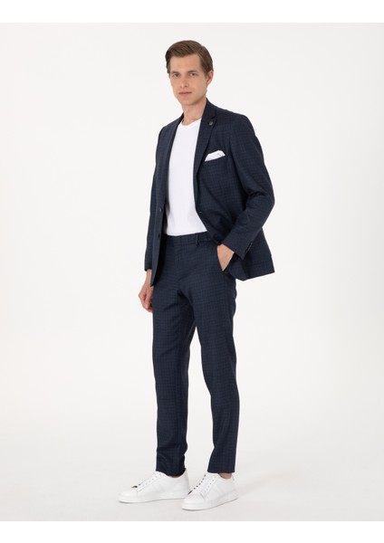 Erkek Lacivert Ex. Slim Fit Yün Karışımlı Ekose Takım Elbise 50302272-VR033 fırsatları