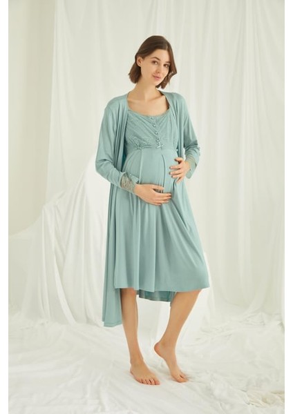 Monamise Dantelli Önü Düğmeli Hamile Lohusa Sabahlık Takımı