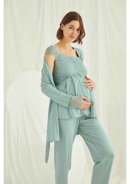 Monamise Dantelli Önü Düğmeli Hamile Lohusa 3'lü Pijama Takımı