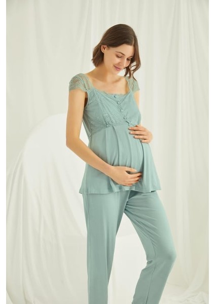 Monamise Dantelli Önü Düğmeli Hamile Lohusa 3'lü Pijama Takımı modelleri