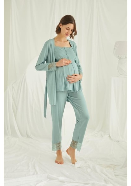 Monamise Dantelli Önü Düğmeli Hamile Lohusa 3'lü Pijama Takımı