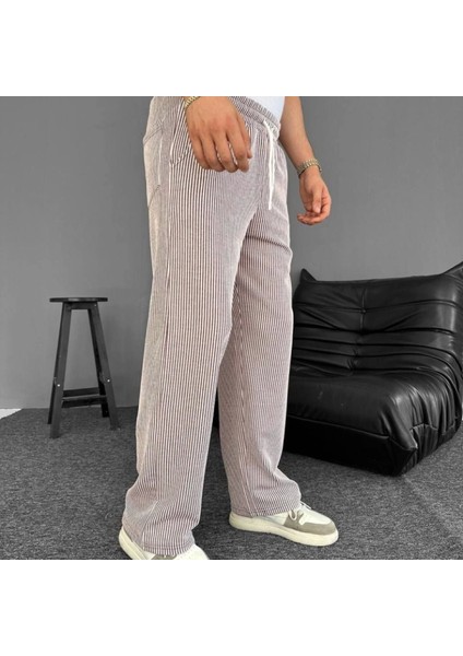 U Yolu Çizgili Cepli Pantalon Kahverengi