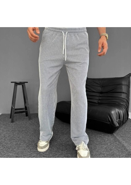 U Yolu Çizgili Cepli Pantalon Gri
