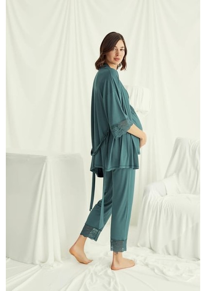 Monamise Dantelli Hamile Lohusa 3'lü Pijama Takımı