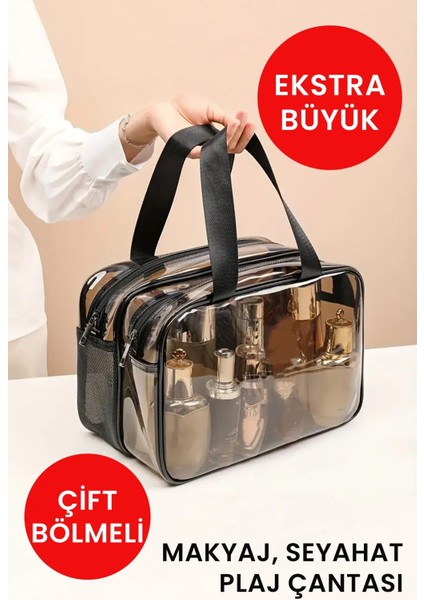 Ecoform Şeffaf Çift Bölmeli Seyahat Kozmetik Makyaj Çantası (30*22*16 cm Ebatlarında)