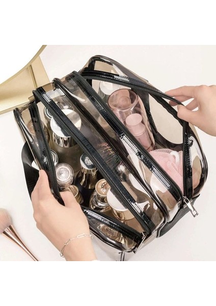 Ecoform Şeffaf Çift Bölmeli Seyahat Kozmetik Makyaj Çantası (30*22*16 cm Ebatlarında) modelleri