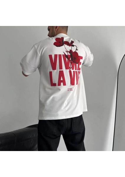 Baskılı Oversize Bisiklet Yaka Tshirt Beyaz modelleri