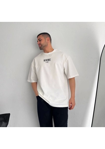 Baskılı Oversize Bisiklet Yaka Tshirt Beyaz fırsatları