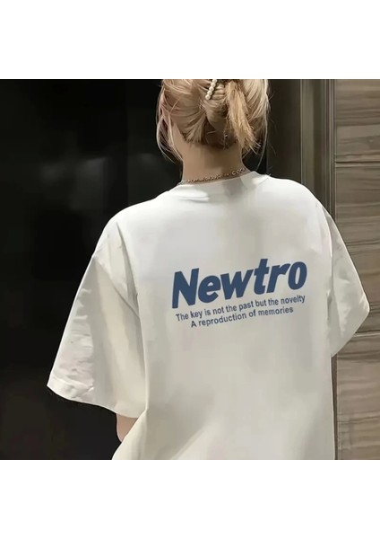 Baskılı Oversize Bisiklet Yaka Tshirt Beyaz