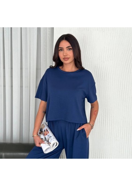 Osy Odal Yumuşak Dokulu Kumaş Bisiklet Yaka Tshirt Bol Paça Pantalon Ikili Takım Aks Avi