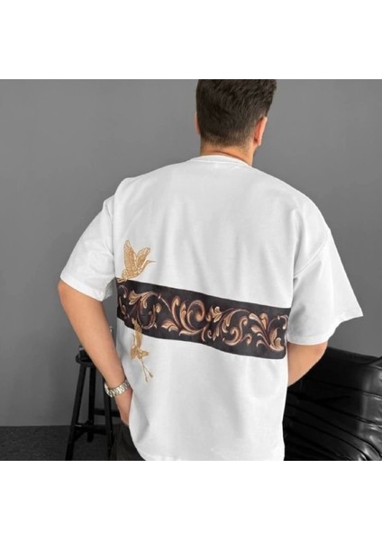Ön ve Arka Baskılı Oversize Bisiklet Yaka Tshirt Beyaz