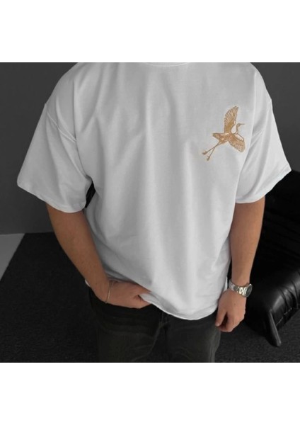 Ön ve Arka Baskılı Oversize Bisiklet Yaka Tshirt Beyaz fiyatları
