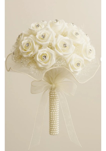 Tüllü Incili Taşlı Krem Gül Gelin Çiçeği - KREM02
