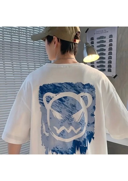 Baskılı Oversize Bisiklet Yaka Tshirt Beyaz