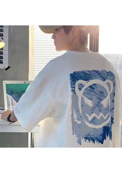 Baskılı Oversize Bisiklet Yaka Tshirt Beyaz fiyatları