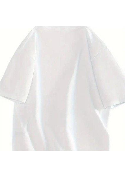 Baskılı Oversize Bisiklet Yaka Tshirt Beyaz fırsatları