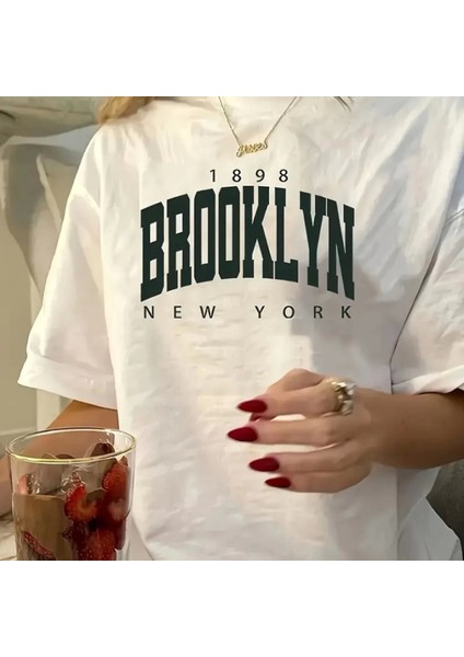 Baskılı Oversize Bisiklet Yaka Tshirt Beyaz