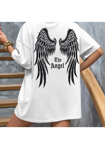 Baskılı Oversize Bisiklet Yaka Tshirt Beyaz