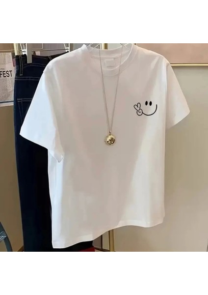 Baskılı Oversize Bisiklet Yaka Tshirt Beyaz