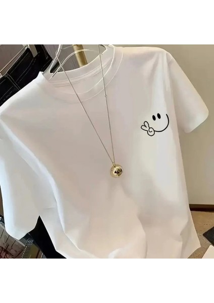 Baskılı Oversize Bisiklet Yaka Tshirt Beyaz fiyatları
