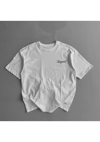 Baskılı Oversize Bisiklet Yaka Tshirt Beyaz