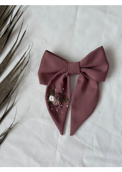 Işlemeli Kız Çocuk Fiyonk Toka Otomatik Klips Gül Kurusu