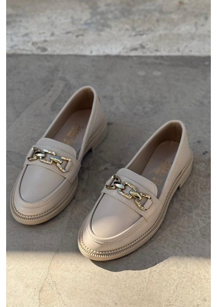 Kasto Mat Deri Bej Kadın Loafer