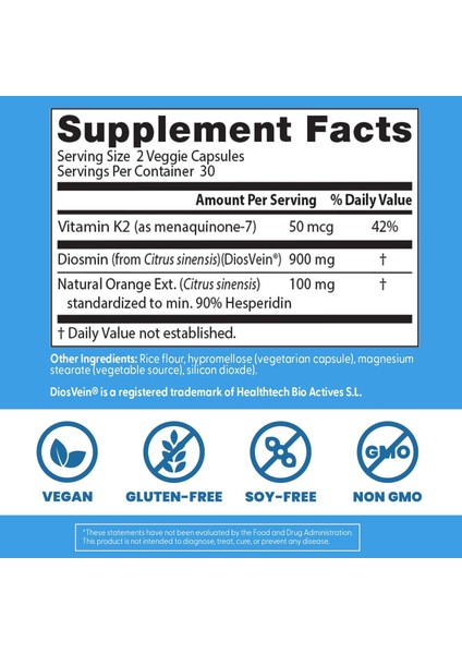 Vein Support Diosvein Zinc Menaq7 K2 Diosmin Ep Menaquinone Blood Health Damar Kan Dolaşımı Mk-7 Hesperidinn