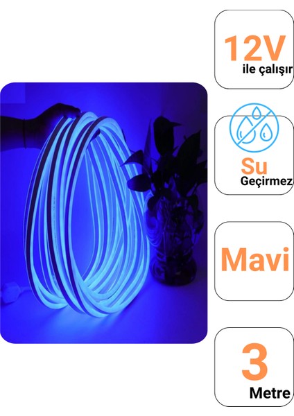 12 Volt 3 Metre Mavi Neon Led Işık Prize Takılmaya Hazır Değil Esnek Silikon Şerit Led fiyatları