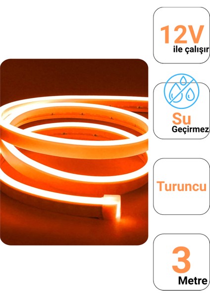 12 Volt 3 Metre Turuncu Neon Led Işık Prize Takılmaya Hazır Değil Esnek Silikon Şerit Led fiyatları