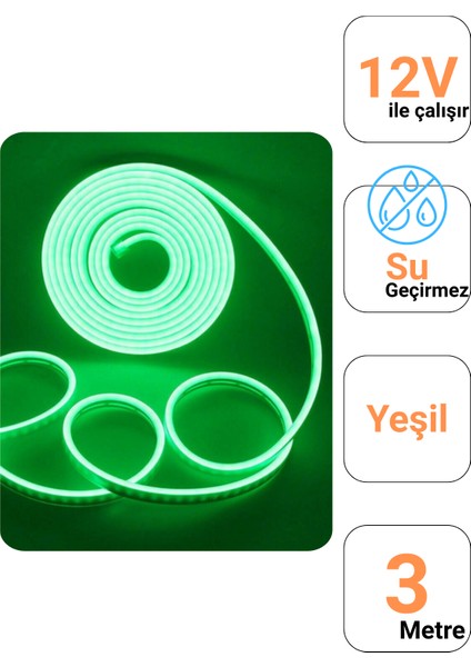 12 Volt 3 Metre Yeşil Neon Led Işık Prize Takılmaya Hazır Değil Esnek Silikon Şerit Led fiyatları