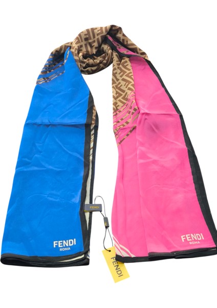 Vual Ipek Şal F Baskılı Desen Koyu Mavi Fuşya Pembe