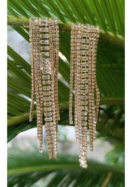 Sarı Renk Zirkon Taşlı Lüks Abiye Küpe fiyatları