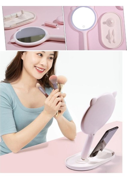 Buffer® Kedi Kulaklı Telefon Standlı Yuvarlak Dokunmatik LED Ayarlı Masa Üstü Makyaj Aynası fırsatları