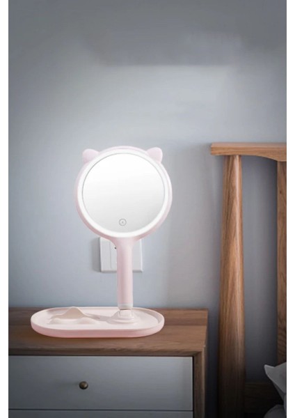 Buffer® Kedi Kulaklı Telefon Standlı Yuvarlak Dokunmatik LED Ayarlı Masa Üstü Makyaj Aynası