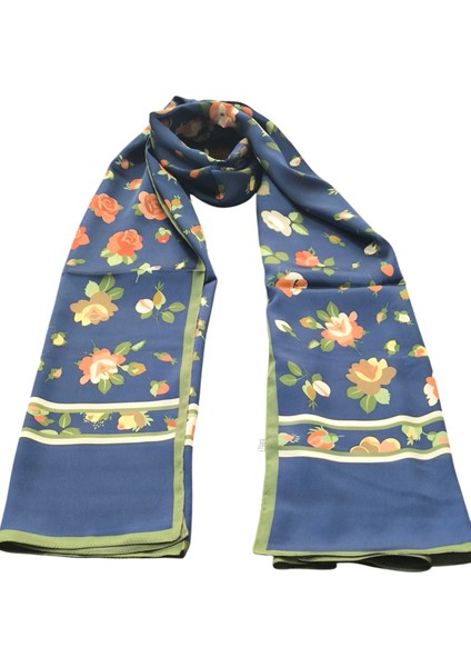 Vual Ipek Şal Küçük Çiçek Desenli Lacivert