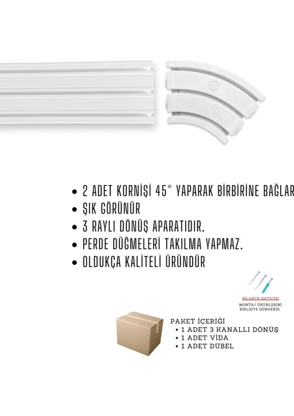 3 Raylı Perde Rayı Korniş 45° Dönüş Köşe Aparatı fırsatları
