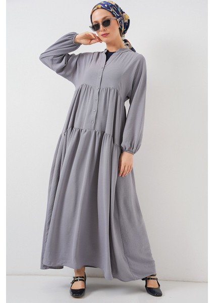 Kadın BDART V Yaka Düğmeli Rahat Kesim Maxi Elbise Gri