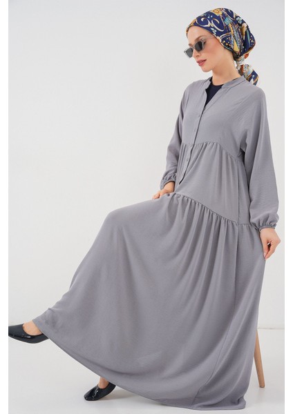 Kadın BDART V Yaka Düğmeli Rahat Kesim Maxi Elbise Gri fiyatları