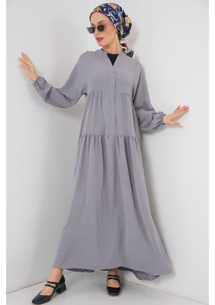 Kadın BDART V Yaka Düğmeli Rahat Kesim Maxi Elbise Gri modelleri