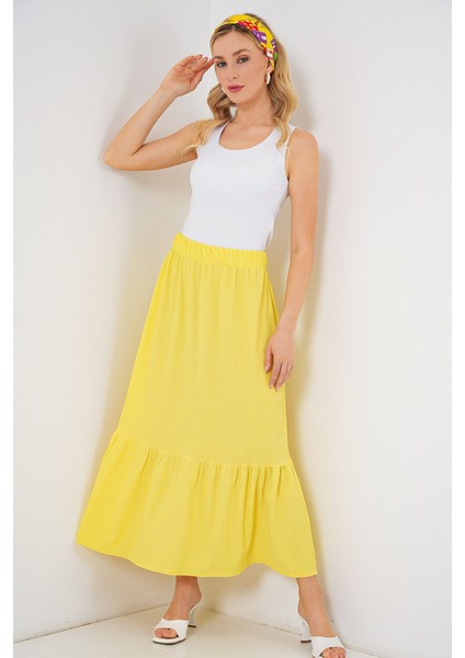 Kadın BDART Esnek Bel ile Dokulu Uzun Triko Etek Yellow