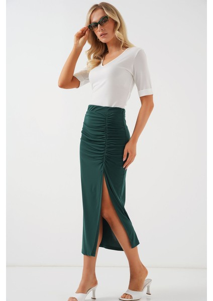 Kadın BDART Elastik Bel Detaylı Fitilli Jersey Maxi Etek Zümrüt Yeşili modelleri