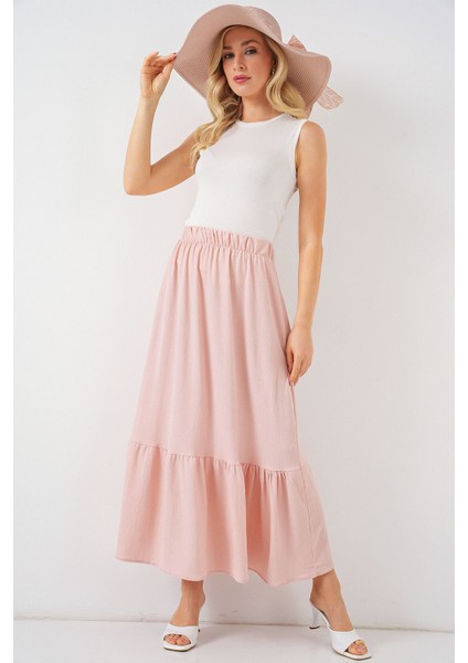 Kadın BDART Esnek Bel ile Dokulu Uzun Triko Etek Pink