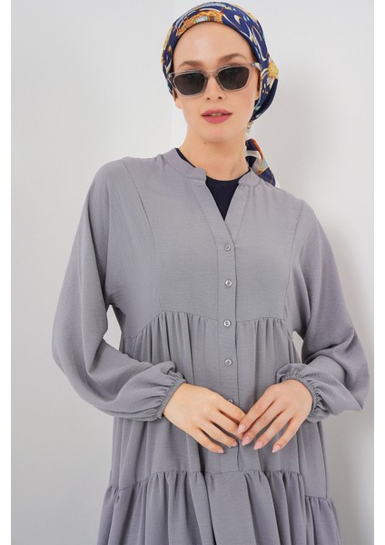 Kadın BDART V Yaka Düğmeli Rahat Kesim Maxi Elbise Gri fırsatları