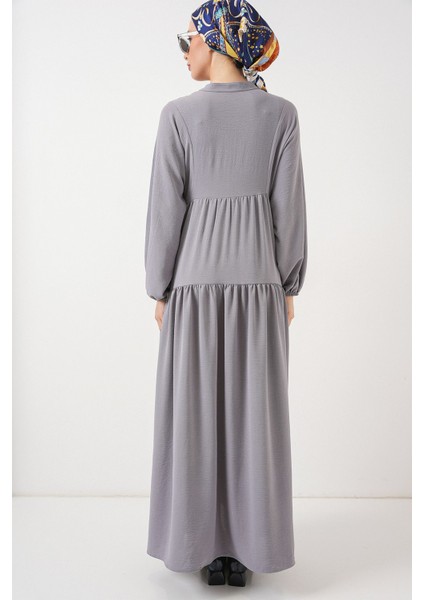 Kadın BDART V Yaka Düğmeli Rahat Kesim Maxi Elbise Gri