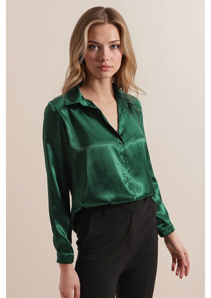 Kadın SBDART aten Kaplamalı Uzun Kollu Düğmeli Gömlek Green fırsatları