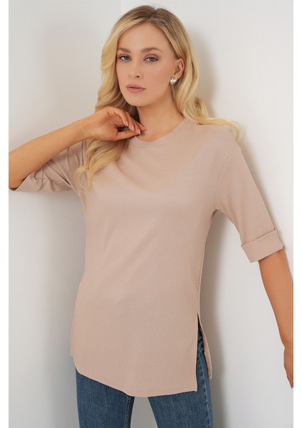 Kadın BDART Dokulu Uzun Kol Yaka Tişört Bej Doğal