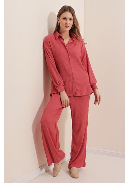Kadın BDART Düğmeli Uzun Kollu Gömlek & Pantolon Örme Takım Tozlu Gül Pembesi