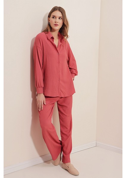 Kadın BDART Düğmeli Uzun Kollu Gömlek & Pantolon Örme Takım Tozlu Gül Pembesi fiyatları