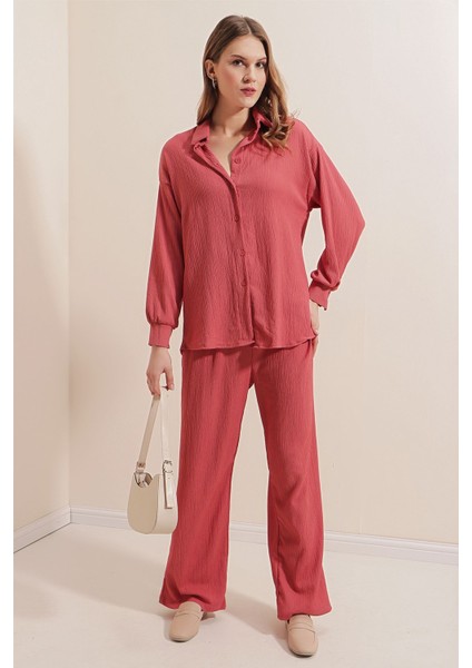 Kadın BDART Düğmeli Uzun Kollu Gömlek & Pantolon Örme Takım Tozlu Gül Pembesi fırsatları